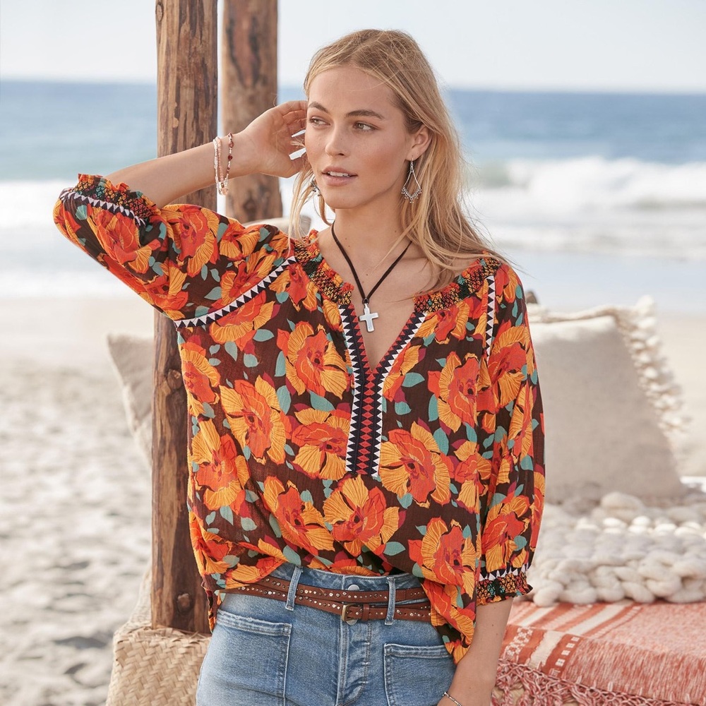 Sundance Hibiscus Bloom Top Shirt Blouse Floral Embroidered Tunic lightweight
